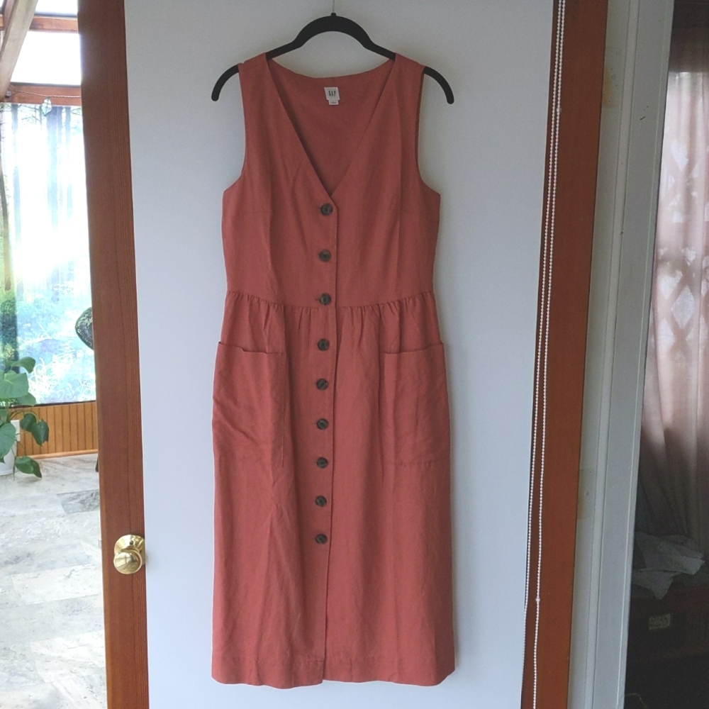 Coral pink linen cotton dress with pockets, button down front
